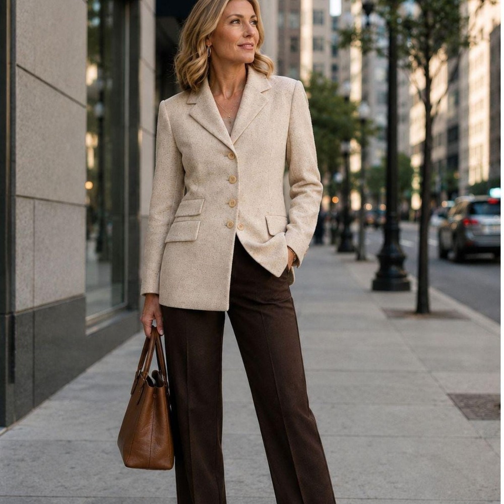 Escada Beige Tailored Blazer Sz 9 Inner Outer Pockets Lined Cashmere Vintage